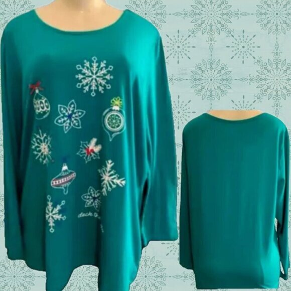 Laura Scott +2X Holiday Green Ornament Graphic Crew Neckline Long Sleeve Tee - Picture 1 of 5